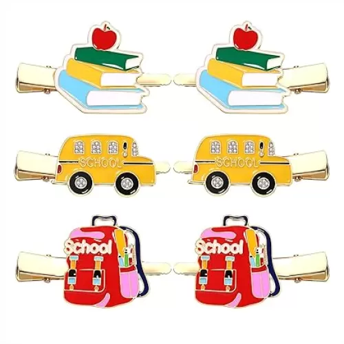 HEIDKRUEGER Cute Back to School Hair Clips, 3Pairs Hair Clips with Schoolbag Book School Bus Hairpins for Teacher Students, Fun Hair Accessories Gift