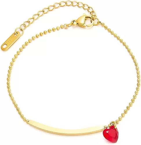 HETICA Gold Bracelet Suitable for Women Adjustable Red Heart Shaped Zirconia and Bar Shaped Design Bracelet Jewelry