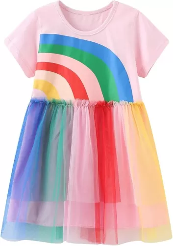 HILEELANG Toddler Girls Short Sleeve Dress Easter Cotton Casual Summer Appliques Shirt Jersey Dresses