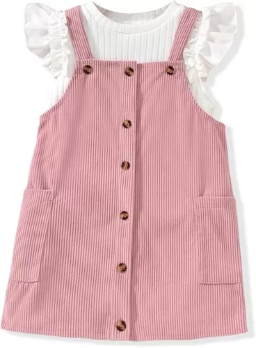 HINTINA 2-7 Years Toddler Girl Butterfly Sleeve Tee Corduroy Button Down Overall Dress Set