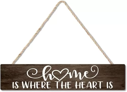 Home is Where The Heart is Hanging Wooden Plaque, Wooden Sign Wall Art & Door Decor for Home Living Room Bathroom Farmhouse, Housewarming Gifts, Thank you Gifts for Family Friend BFF Mom Dad