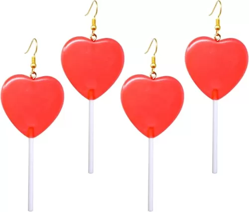 Honbay 2 Pairs of Sweet Creative Resin Red Heart Shaped Lollipop Drop Earring Funny Cute Artificial Food Candy Dangle Earring Valentines Day Gift