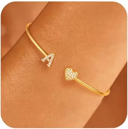 Honsny Gold Initial Bracelets for Women 18K Gold Plated Initial Heart Cuff Bangle Bracelets for Women Non Tarnish Dainty Cute Gold Initial Bracelets for Women Teen Bridesmaid Trendy Gifts Jewelry