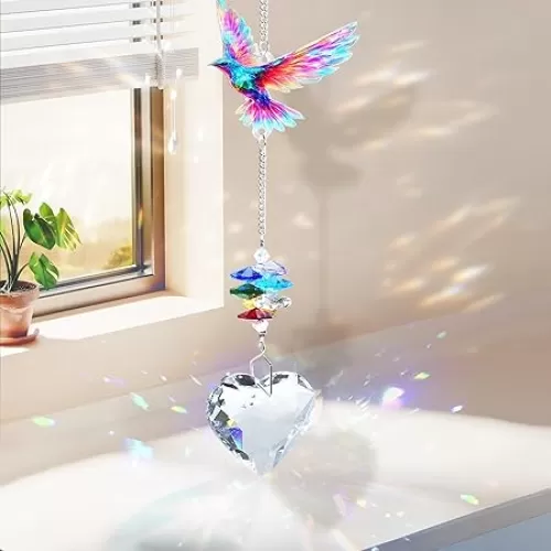 Hummingbird Stained Glass Window Hanging - Crystal Heart Pendant Sun Catchers Indoor for Memorial Gifts - Suncatchers for Windows Hanging - Handmade Stained Glass Art for Home Decor, Bird Lovers