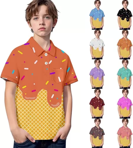 Ice Cream Polo T-Shirts for Boy Funny Ice Cream Drip Tees Summer Causal Button Short Sleeve Shirts Loose Tops Outfits
