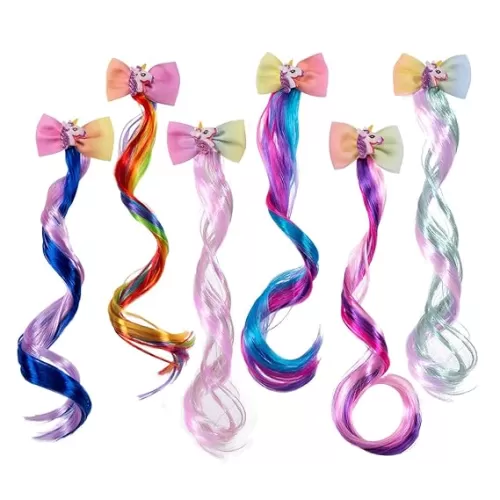Ideal Swan 6 Set Hair Extensions Clip - Colored Straight Curly Hair Extensions for Kids Ponytails Girls, Rainbow Thick Wig Clip in Fake Bangs with Cute Unicorn Accessories (Curly Hair 02)