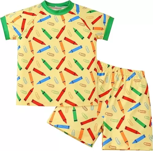 IMEKIS Toddler Kids Back to School Outfit Top with Shorts Pencil Print Kindergarten Clothes Set for Boys Girls 3-8T