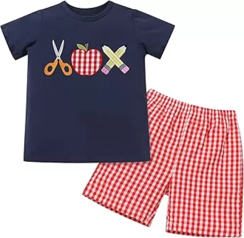 IMEKIS Toddler Kids Boys Back to School Outfit Top with Shorts Schoolbus Embroidered Kindergarten Clothes 3-7T