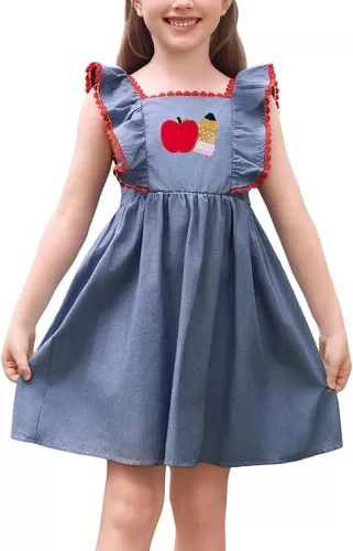 IMEKIS Toddler Kids Girls Back to School Dress Embroidered Apple Pencil Ruffle Sleeve Clothes 3-8T