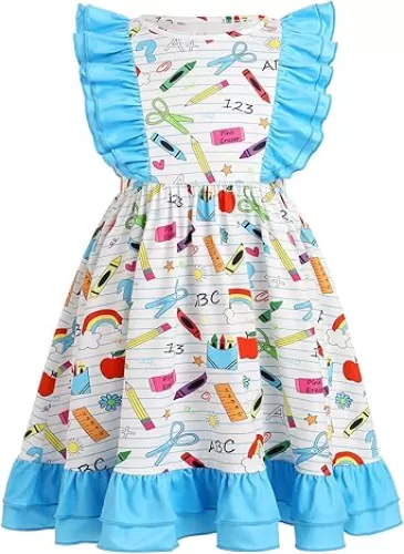 IMEKIS Toddler Kids Girls Back to School Dress Ruffle Sleeve Pencil Print Kindergarten First Day of School Outfit 3-8T