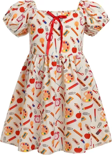IMEKIS Toddler Kids Girls Back to School Dress Smocked Dress Pencil Print Kindergarten First Day of School Outfit 3-8T
