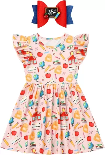 IMEKIS Toddler Kids Girls Back to School Dress with Hair Bow Pencil Print Kindergarten First Day of School Outfit 4-7T