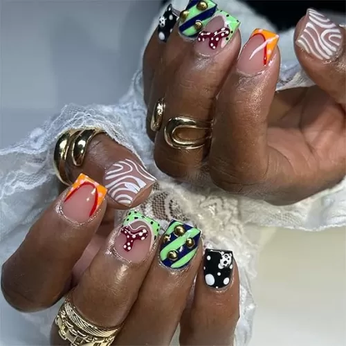 IMSOHOT Press on Nails Short Square Fake Nails Colorful False Nails with Designs Glossy Glue on Nails Acrylic Full Cover Stick on Nails Artificial Squoval Nail Supplies for Women Girls