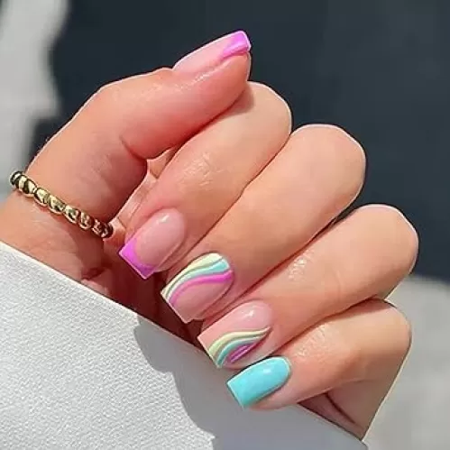 IMSOHOT Square Press on Nails Short French Tips Fake Nails Pink Blue Acrylic False Nails with Rainbow Designs Full Cover Glossy Glue on Nails for Women and Gilrs 24Pcs
