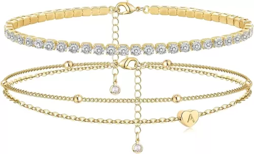 Initial Ankle Bracelets for Women, Dainty Gold Layered Heart CZ Bead Anklets, 14K Gold Plated Waterproof Summer Beach Jewelry Set