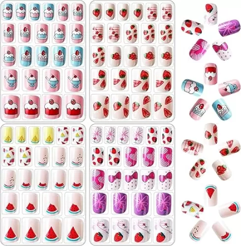 JANYUN 96 Pcs Kids False Nail Stick on Nails Kids Full Cover Short False Nails Children Nail Tips Lovely Gift for Kids Little Girls Nail Art Decoration (Fruits Color)