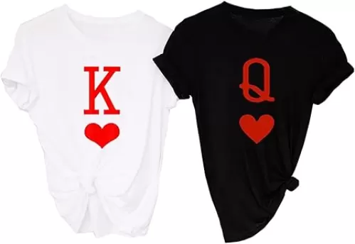 K and Q of Hearts Couple Shirt His and Hers Matching Outfit T Shirts Funny Cute Letter Print Graphic Casual Tee Tops