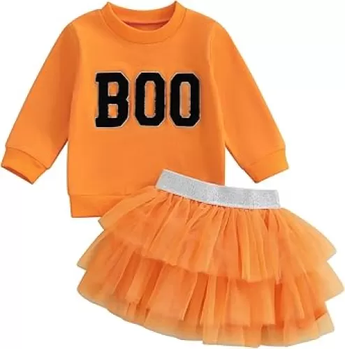 Karuedoo Toddler Baby Girl Halloween Outfit Boo Embroidery Crewneck Sweatshirt Tulle Tutu Skirt Set Cute Kids Fall Clothes