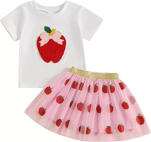 Kayotuas Toddler Girl Summer Clothes Back to School Outfit Bow Shirt Tulle Skirts Set Cute First Preschool Kindergarten Dress