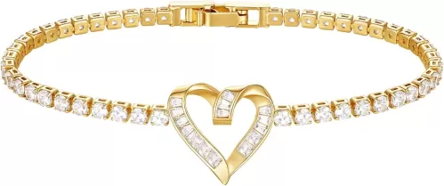KELORIS PATH Tennis Bracelets for Women, 14K Gold Plated CZ Heart Square Charm Bracelet Classic Cute Adjustable Jewelry Gifts