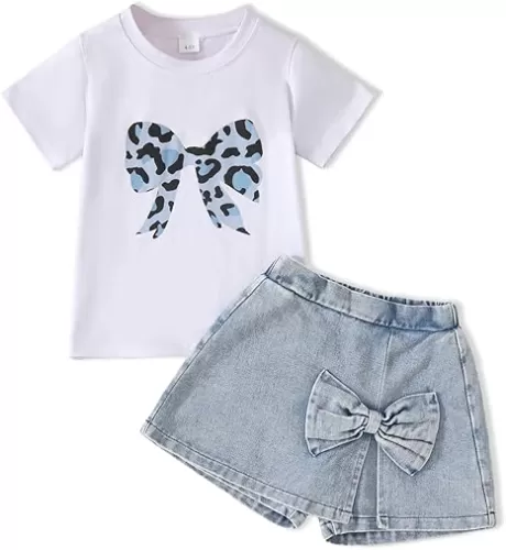 kid Young Girl Clothes Outfits Cute Sweet Bowknot Print T-Shirt + Bowknot 2 In 1 Denim Short Summer Clothing Set