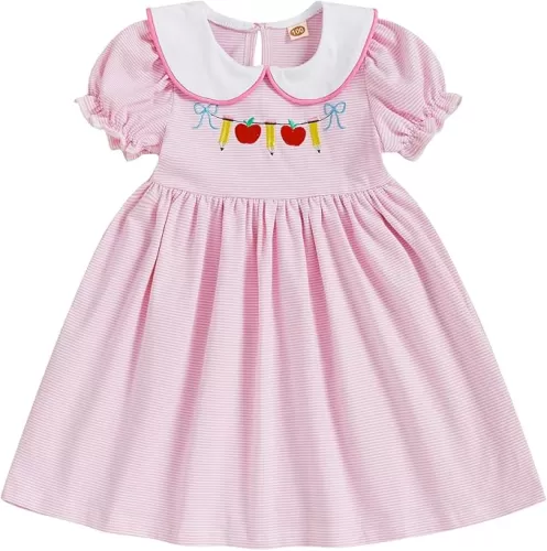 Kids Baby Girl Back to School Outfit Apple Pencil Embroidered Doll Collar Puff Sleeve Dress Toddler Summer Clothes