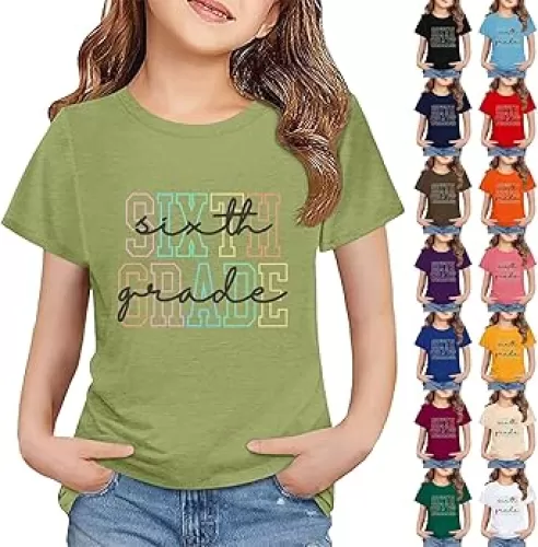 Kids Girls Sixth Grade First Day of School T Shirts Preppy Short Sleeve Back to School Tees Tops Crew Neck Cute Tees