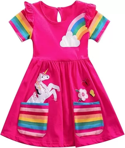 Kids Girls Summer Casual Unicorn Dresses Cotton Short Sleeve Crew Neck Dress 2-7 Years
