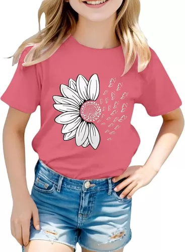Kids Shirts Girls Loose Fit Sunflower Graphic T Shirts Short Sleeve Crewneck Cute Pattern Printed Tops Kids Basic Cute