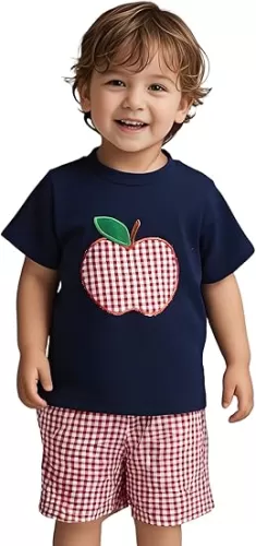 Kids Toddler Boys Back to School Outfit Apple Applique Shirt + Plaid Shorts First Day of Preschool Kindergarten Clothes