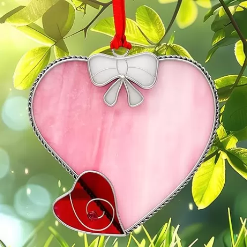 KY&BOSAM Stained Glass Panels Pink Heart Suncatcher for Windows Wind Chimes Handmade Heart Suncatchers Hangings Ornament Birthday Gifts for Mom Women Mother