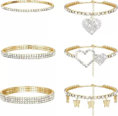 Laumoi 6 Pcs Ankle Bracelets for Women Christmas Rhinestone Stretch Anklet Heart Ankle Bracelets Anklet Jewelry Crystal Foot Chain(Gold, Heart Style)