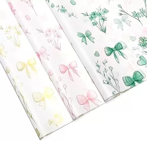 LIAPAWPAW Bow Floral Tissue Paper, Elegant Flower Botanical Tissue Paper for Gift Bags Packaging, Pink Green Yellow Gift Wrapping for Birthday Wedding Holiday Party Decor Art Crafts, 30 Sheets 20x14in