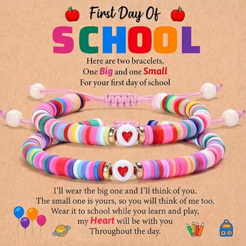 Lifecapido First Day of School Bracelet, First Day of School Gift for Kindergarten Preschool First Second Grade, Colorful Matching Heart Adjustable Bracelets for Mom and Daughter, Back to School Gifts