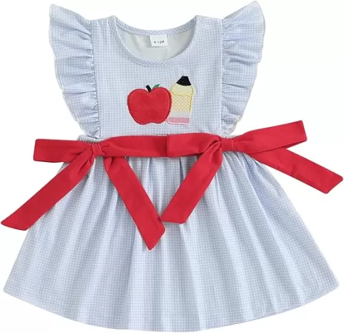 Little Girls Back to School Dress Apple Embroidery Flutter Sleeve Dresses Toddler Kids First Day of School Outfits