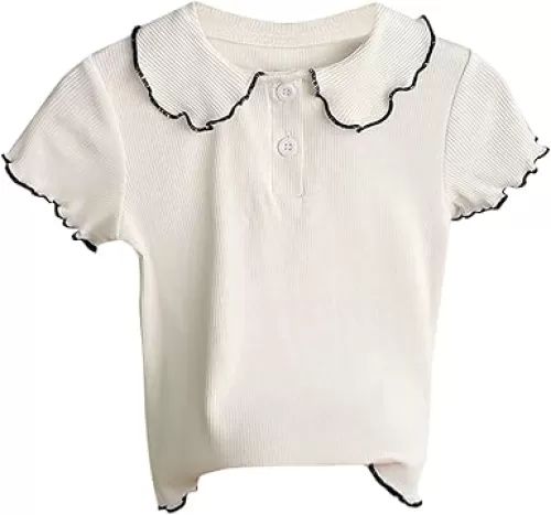 Little Girls Peter Pan Collar Tshirt Stretchy Vintage Short Sleeve Ruffle Hem Shirt Breathable Comfy Casual Top