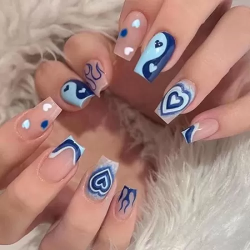 Long Press on Nails Square French Fake Nails Full Cover Nude Acrylic False Nails for Women and Girls 24PCS (Blue Heart French)