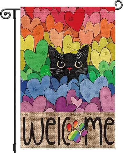 Louise Maelys Pride Garden Flag Rainbow Black Cat 12x18 Inch Double Sided Small Burlap Love Heart Gay Lesbian LGBTQ Yard Outdoor Sign Outside Home House Decor