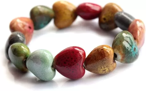 Love Heart Ceramic Bracelet, Flower-Glazed Beaded Bracelet, Elastic Handmade Simple Ethnic Style Hand Chain for Women, Suit for woman over 18 year old-1PCS - Colorful