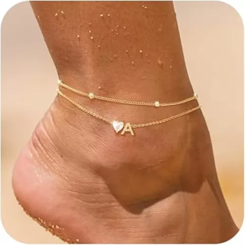 Love Heart Initial Gold Anklets for Women Dainty 14k Gold Plated CZ Anklet Trendy Waterproof Fashion Jewelry Gifts for Women