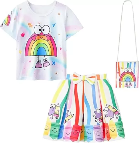 LQSZ Girls Outfit Summer Party Dress T-Shirt Skirts With Bag 3-Piece Set Back to School TuTu for Toddler Kids 4-12Years