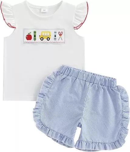 luethbiezx Kids Toddler Little Girls Back to School Outfit First Day of School Embroidery Ruffle Top and Plaid Shorts Set