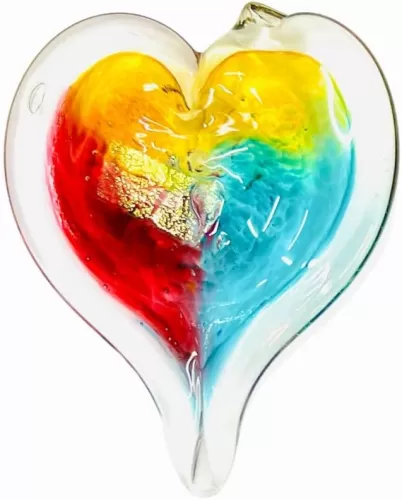 Luke Adams Glass | 3" Small Glass Heart | Handmade Suncatcher | Hanging Home Décor | Garden Accent | Fiji (Pink Amber Teal)