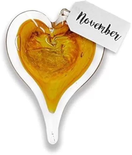 Luke Adams Glass Hanging Hearts – Hand Blown Glass Heart Ornament for Windows or Gifts – Colorful Blown Glass Hearts Decor (November - Citrine)