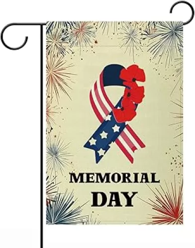 Memorial Day Garden Flag 12x18 Inch Double Sided Outside, Patriotic Heart with Poppies & Stars Flag Porch Yard Patio Outdoor Decoration