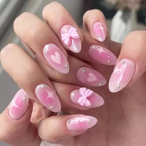 MERVF Almond Press on Nails Medium Fake Nails Pink Gradient Glue on Nails with Heart Star Design 3D Bow Press ons Stiletto Rhinestones Acrylic False Nails for Women Glossy 24pcs