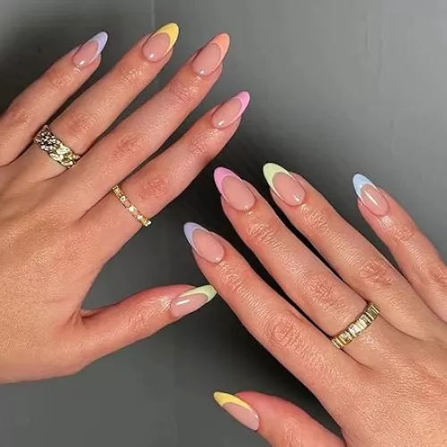 MISUD Press on Nails - Short Oval Glue on Nails with Colorful French Tip, Acrylic Round Artificial Summer Rainbow Design, 24 pcs