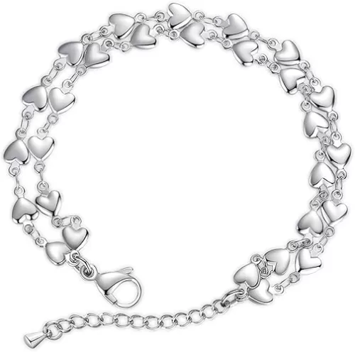 mnmoom Heart Bracelet for Women, 7-8.5 Inches Adjustable Stainless Steel heart Link Chain, Silver and 14k Gold, Rose gold plating