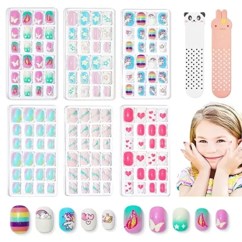 Modelones Press on Nails for Kids 144Pcs 6 Pack Children Acrylic Fake Nails Pre-glue Full Cover Glitter Gradient Color Starts Unicorn Butterfly False Nail Kits Sets Easter Gifts for Kids Girls
