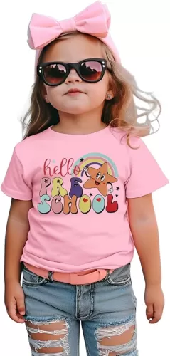 MODNTOGA Kids Girl First Day of School Shirt Cute Rainbow Star Hello Pre-School Graphic T-Shirt Short Sleeve Summer Tee Tops